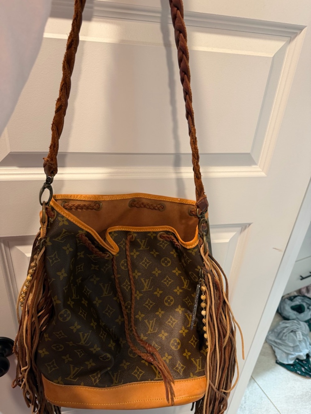 Louis Vuitton Monogram Fringe Bucket Shoulder Bag in Brown and Tan